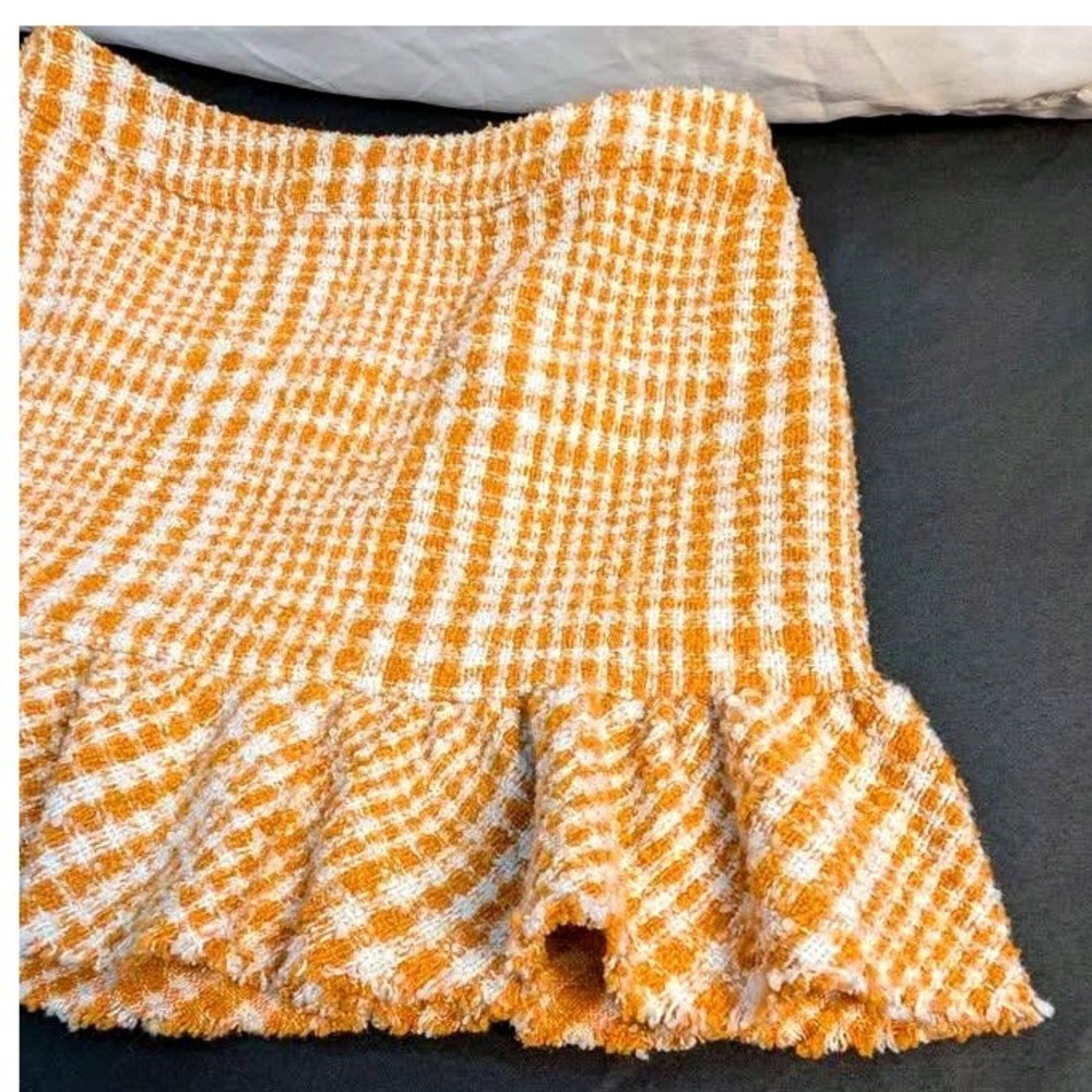 Naked Zebra Orange ~ White Plaid Tweed Ruffle Mini Skirt OS114324 Women's Small - Picture 9 of 10